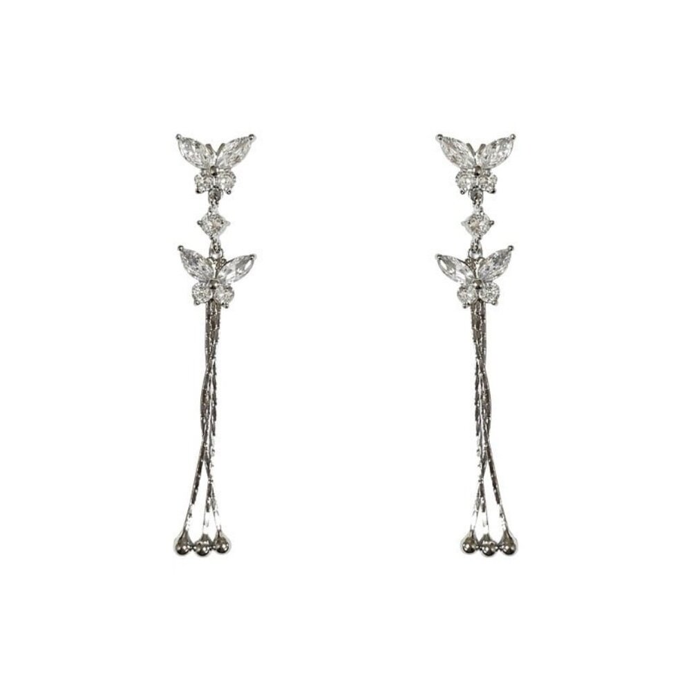 Sweet Diamond Butterfly Long Chain Tassel Earrings - Picture 6 of 6